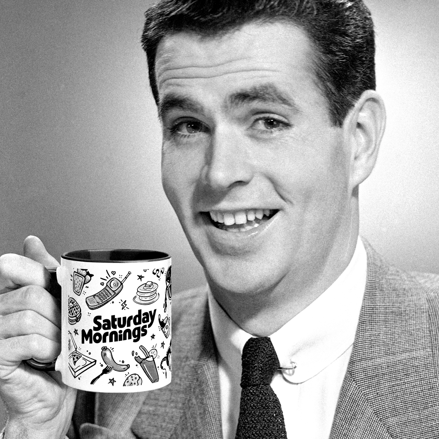 retro photo of a man with a Saturday Mornings mug